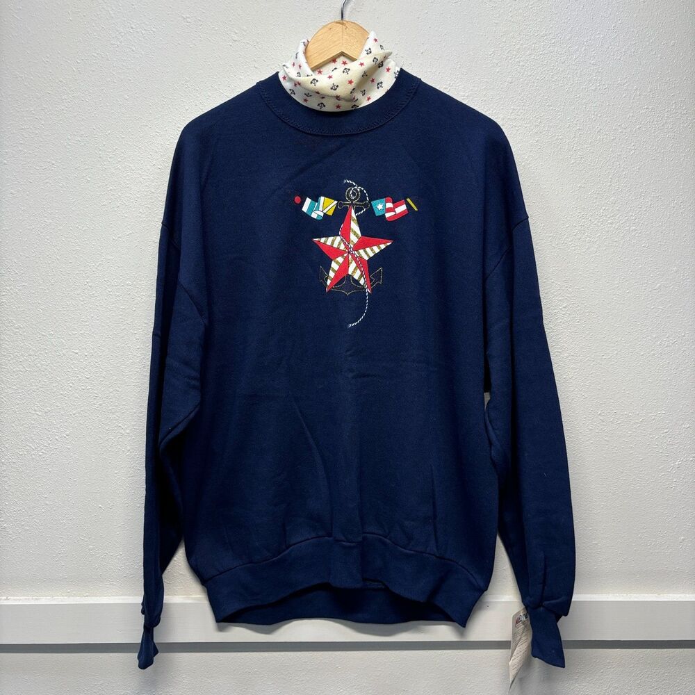 NOS NWT 80s 90s Gopher Sport Nautical Star Anchor Collared Navy Sweater sz XL
